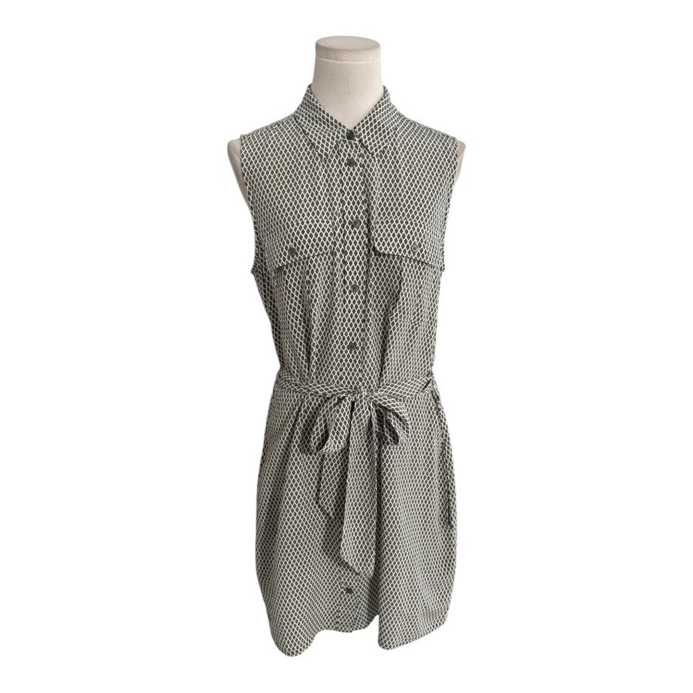 EQUIPMENT FEMME 100% Silk Button Up Shirt Dress Geometric Print Green White M